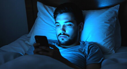 Young man looking at smartphone in bed at night