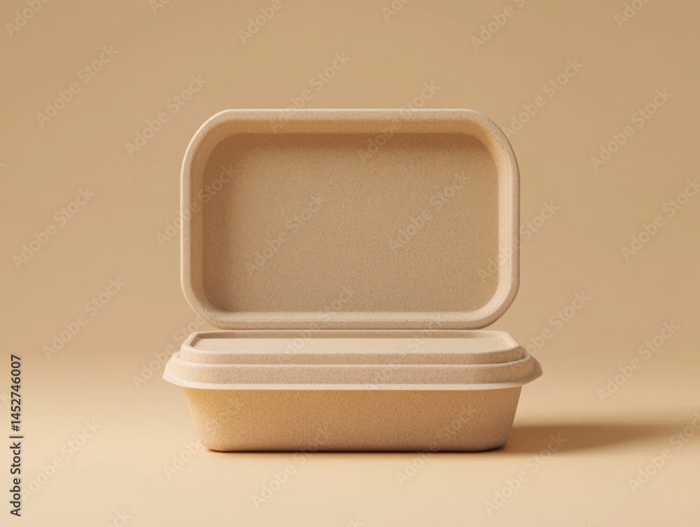 Poster beige container with lid slightly open on a matching surface