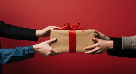 Hands exchange a gift box tied with a red ribbon against red background.