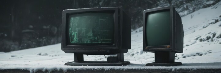 Aged CRT monitor with visible scan lines and slight green tint showing snow ,  cathode ray tube,  retro