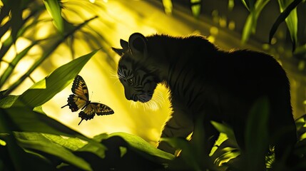 A silhouette of a tiger cub playfully pouncing on a butterfly in the jungle