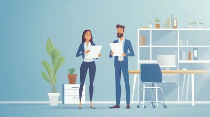 business, eco, real estate and office concept - businessman and businesswoman holding white paper house and keys in office illustration