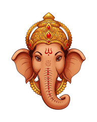 Vibrant depiction of Ganesha with an elephant head, adorned in golden jewelry and red garments, holding an axe and a modak.