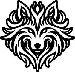 Tribal Wolf Head Icon.  Stylized Black and White Animal Mascot Design
Intricate black and white vector illustration of a stylized wolf head with tribal and ornamental elements. The symmetrical design