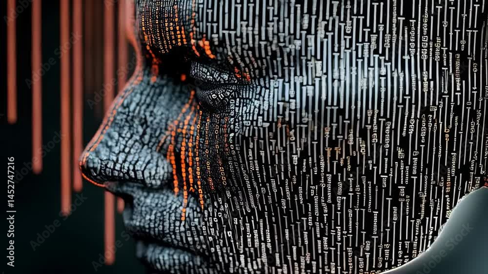 Poster abstract human face with binary code pattern, digital mosaic, technological portrait, futuristic con