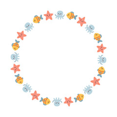 Round frame with octopuses, tropical fish and starfish in cute cartoon style. Childrens sea animal border for baby cards, posters, logos, nursery and summer decor.