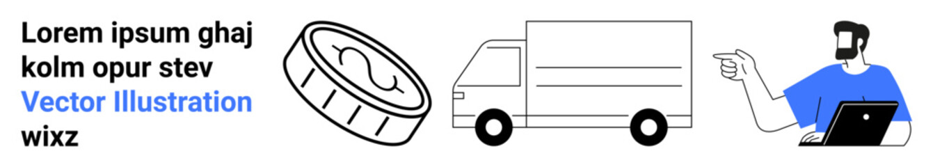 Coin, delivery truck, and man working on laptop symbolize e-commerce, logistics, online shopping, payment, customer service, shipping and mobile technology. Ideal for flat landing page banner