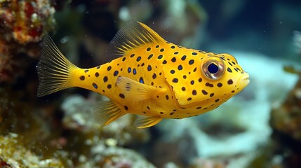 A yellow boxfish is seen swimming gracefully in a coral reef, its vibrant yellow body adorned with distinct black spots. This underwater scene captures the beauty of marine life