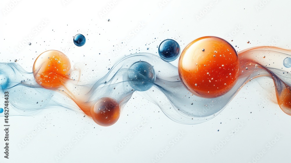 Poster abstract composition of colorful bubbles and flowing liquid with a smooth, dynamic background