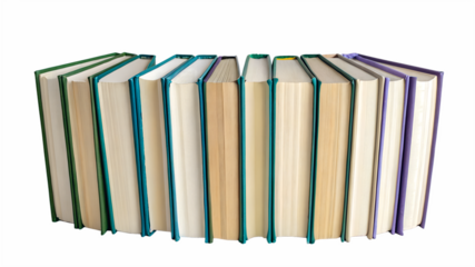 A row of books with colorful covers, primarily in shades of green, blue, and purple, standing upright against a solid black background. The books vary in thickness and page color.