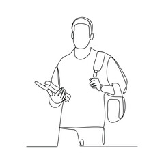 Continuous single line sketch drawing art of college campus student man with bag backpack and stack books. Editable stroke vector illustration