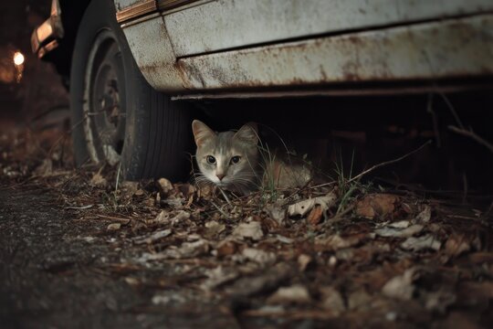A grey cat crouches beneath a rusted car, surrounded by dry leaves and grass, hinting at a tranquil evening atmosphere Generative AI