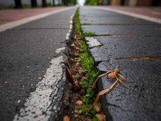 Urban Crack: A close-up shot reveals a crack in asphalt pavement, where tenacious weeds and insects find a foothold in an unexpected urban scene. It captures a subtle.