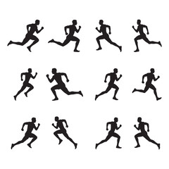 silhouettes of a man running in multiple action positions. Perfect for illustrating physical activity, exercise, track and field, or health-related projects.