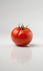 A single ripe tomato sits on a clean white surface, ideal for use in food photography or as a symbol of simplicity and freshness