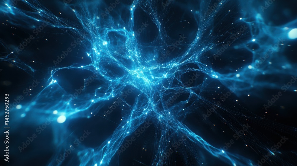 Poster the image showcases an abstract background featuring glowing blue lines and a network of interconnec