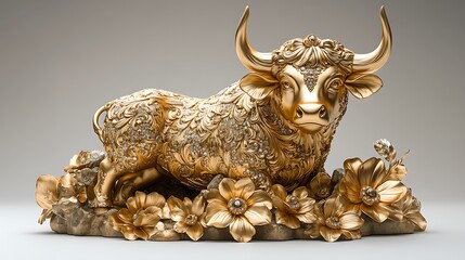 Brilliant bull sculpture in gold high-shine with crystal surface and royal design high resolution photo