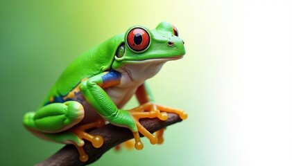 Obraz premium Green tree frog perched on white, vibrant color, closeup, green frog, leaping
