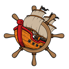Vector illustration of a cartoon-style wooden sailing ship merged with a ship wheel, ideal for logos, mascots, or maritime-themed designs.