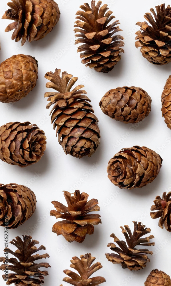 Poster close-up shot of a few pine cones arranged on a white background