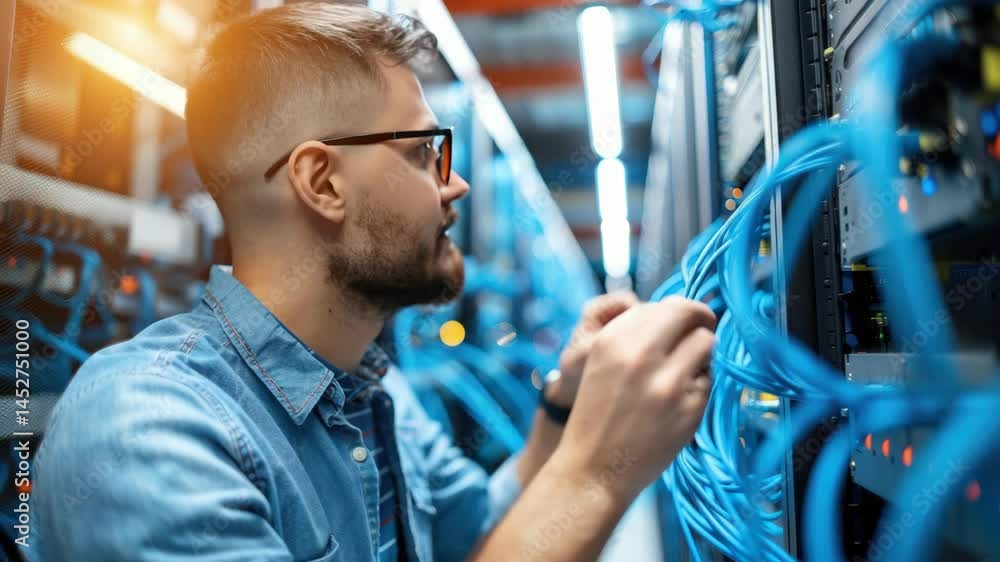 Poster a technician arranges network cables while working on servers in a server room, ensuring everything 