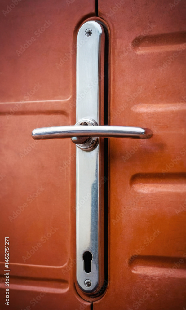Poster A close-up shot of a red door handle with intricate details