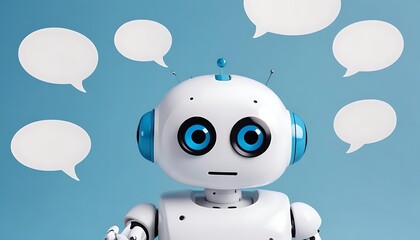 Fototapeta premium A friendly white robot with a round head and black eyes surrounded by speech bubbles, against a bright blue background, created with generative ai