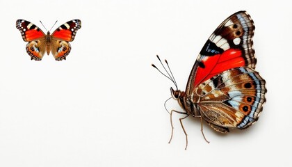 Two colorful butterflies, one side view and one top view, on a white background with copy space