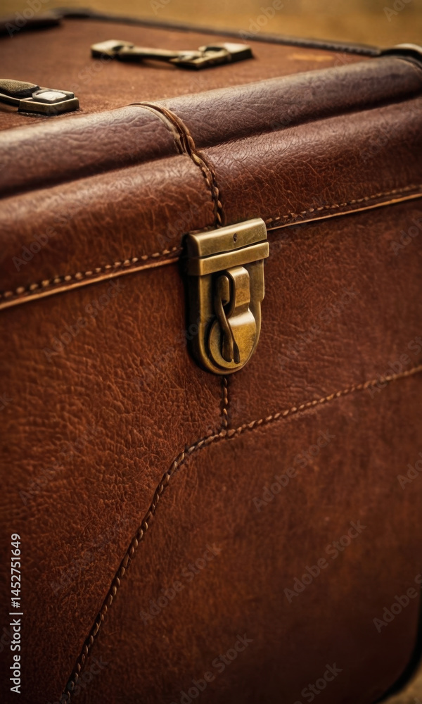 Poster a detailed view of a worn brown leather suitcase with metal clasps and rusty locks