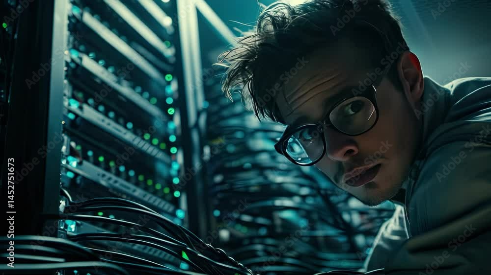 Poster technician inspects server connections and cables in a dimly lit data center showcasing technical ex