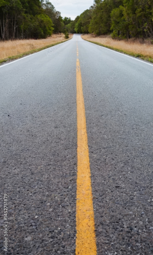 Poster a straight and empty road with a bright yellow centerline, suitable for traffic or infrastructure-re