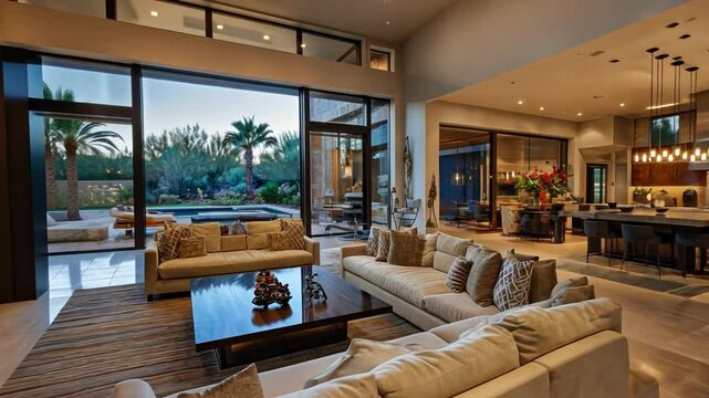 Luxury Living Room: a spacious living room with a comfortable, stylish, and sophisticated design that has a view outside with natural light and a nice interior that creates the luxury ambiance.