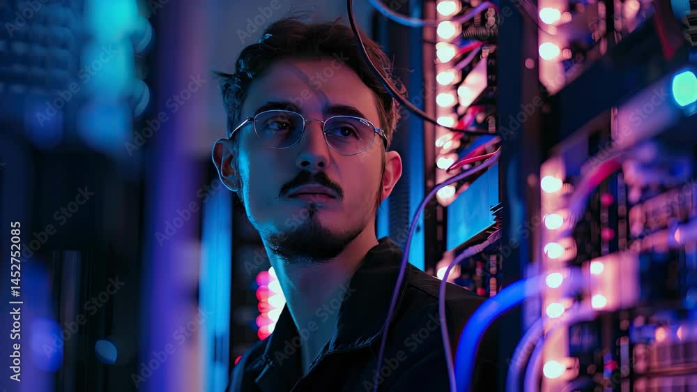 Aufkleber a technician inspects server connections in a data center filled with colorful lights and high-tech 