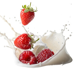 Strawberry, raspberry falling with milk splash isolated on white background