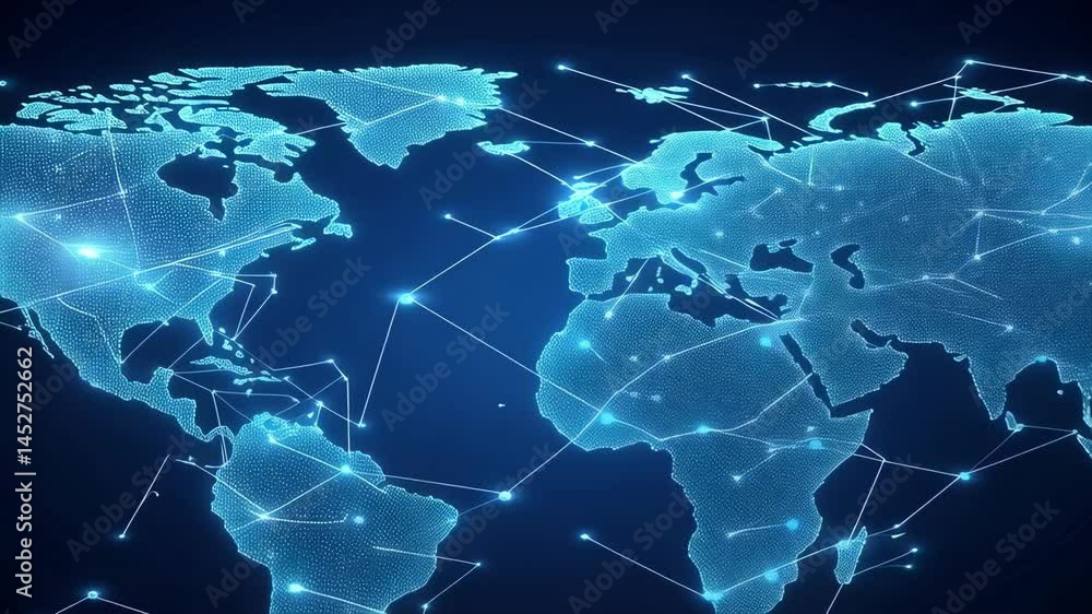 Poster digital world map with connection lines and light points, global network concept with continents, bl