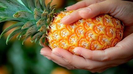 Hands holding a golden pineapple, leafy green crown