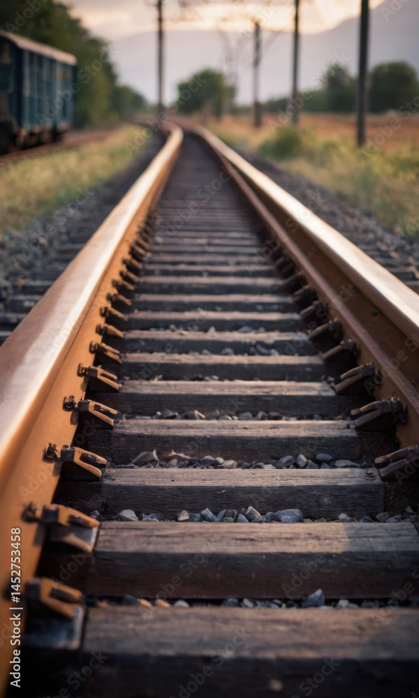 Poster Close-up view of a train track surrounded by a field