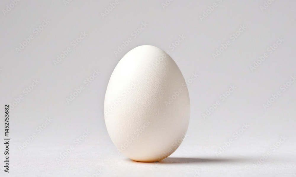 Poster a single white egg perched on the edge of a table, ready for use or observation