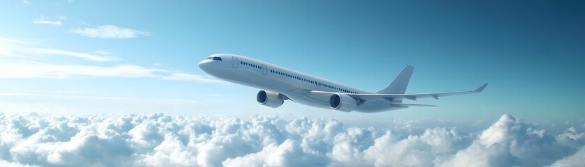 Airplane above the Clouds: A modern passenger airplane soars gracefully above a blanket of fluffy white clouds under a bright blue sky, symbolizing travel, freedom, and adventure.