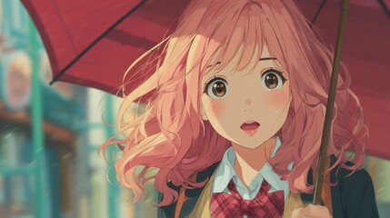 A girl with pink hair holding a red umbrella on a city street.