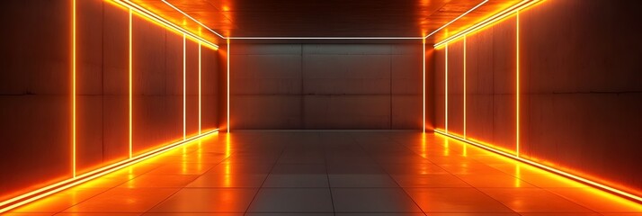 Illuminated corridor: The futuristic design showcases vibrant orange neon lights that illuminate the smooth surfaces of a minimalist hall, creating a stark yet captivating ambiance. 