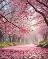 Naklejka premium Delicate pink sakura petals drift against a bokeh of blossoming cherry trees , flower, soft light