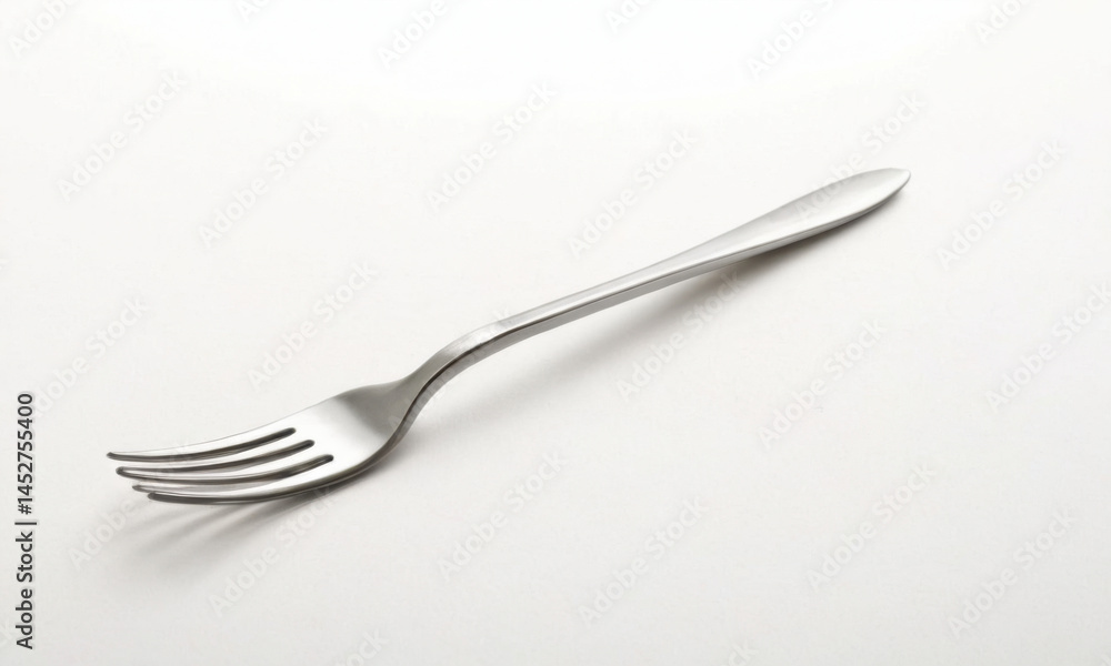 Poster a single fork lying on a clean white surface, ideal for use in food photography or as a minimalist p