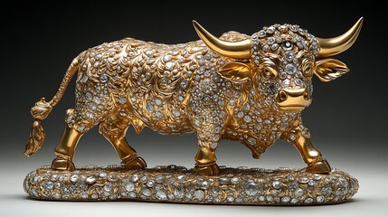 Intricate golden bull sculpture featuring sparkling crystals and ornamental detail high resolution photo