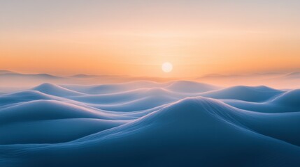 A glowing horizon of blue particle waves blending into layers of white mist and soft golden light trails.