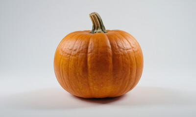 A small orange pumpkin sits alone on a white surface, great for fall or Halloween themes