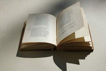 Fototapeta premium An open vintage book displaying poetry, highlighting the beauty of old literature and the tactile experience of reading
