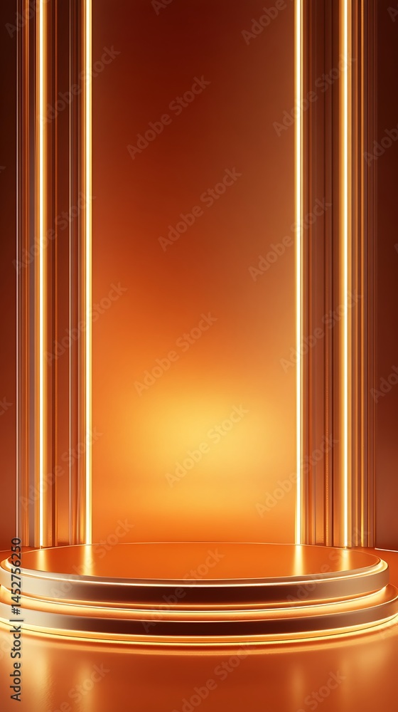 Poster golden abstract podium platform with vertical light panels and geometric shapes