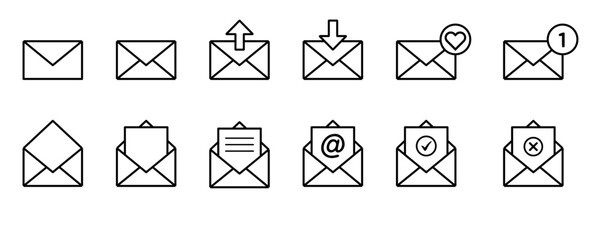 Message mail icon vector set. E-mail envelope icon illustration pack. Inbox, sending, opened, received, texting, write, favorite, love, sent, delivered, download of mail sign symbol