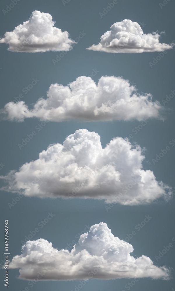 Poster a collection of clouds floating in the sky, suitable for use in backgrounds or as a decorative eleme